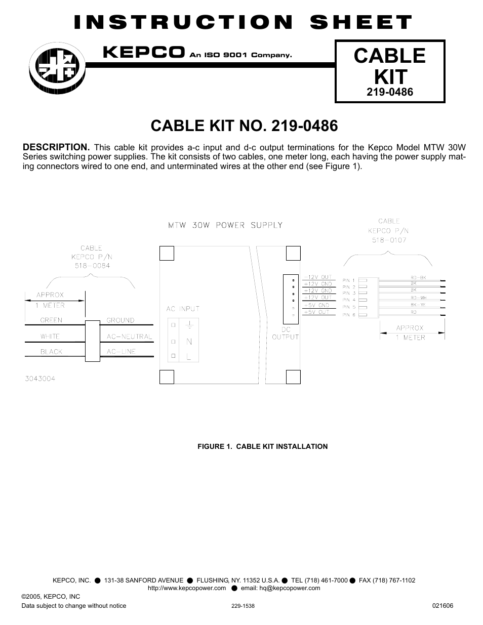 KEPCO KIT 219-0486, Cable Kit for MTW 30W Series User Manual | 1 page