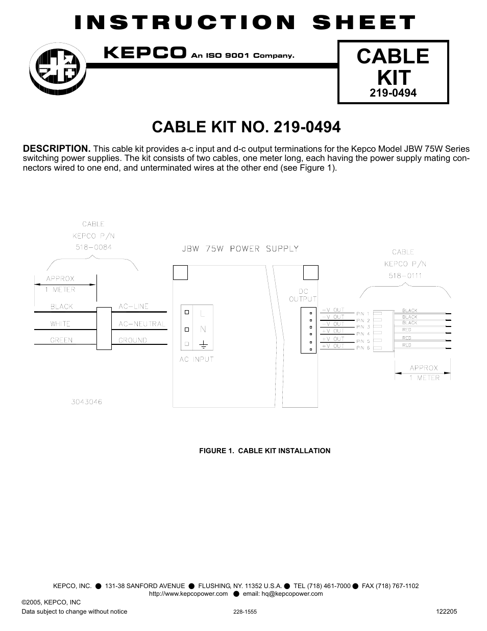 KEPCO KIT 219-0494, Cable Kit for JBW 75W Series User Manual | 1 page