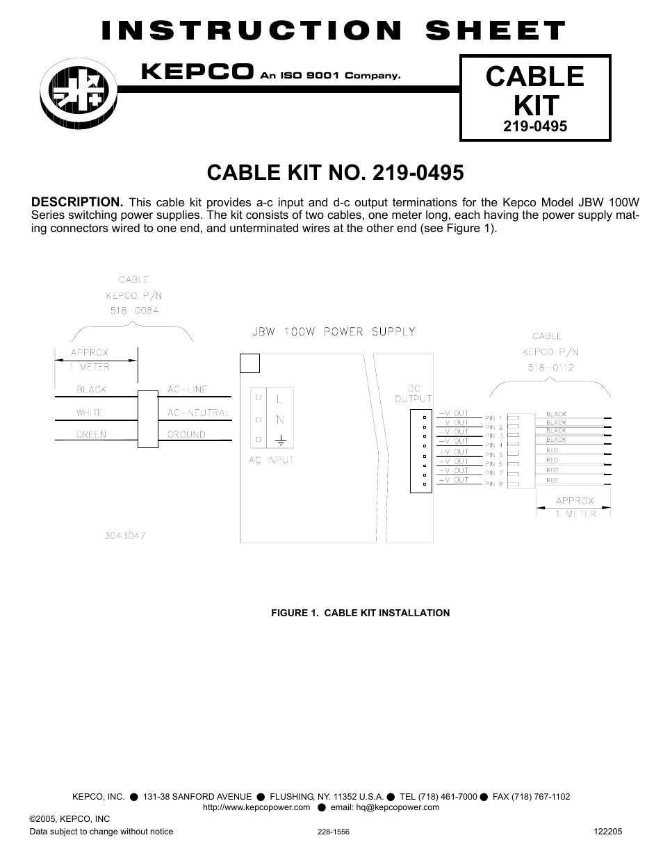 KEPCO KIT 219-0495, Cable Kit for JBW 100W Series User Manual | 1 page