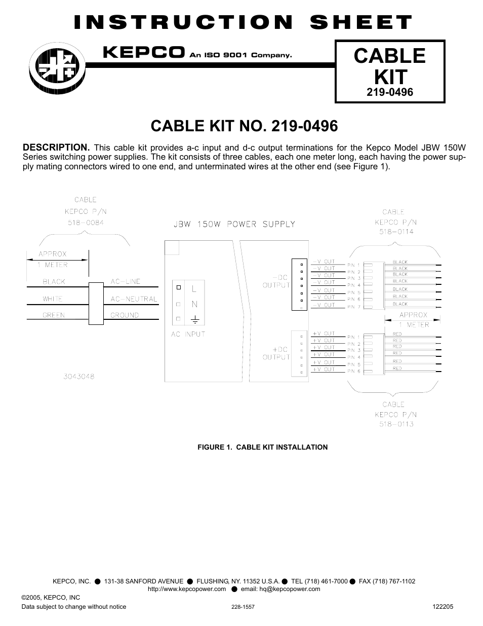 KEPCO KIT 219-0496, Cable Kit for JBW 150W Series User Manual | 1 page
