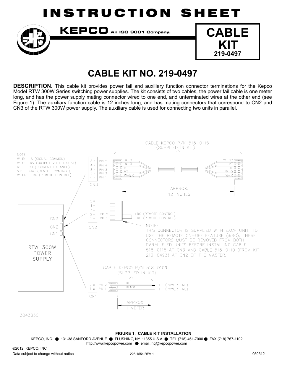 KEPCO KIT 219-0497, Cable Kit (Parallel two Units) for RTW 300W Series User Manual | 1 page