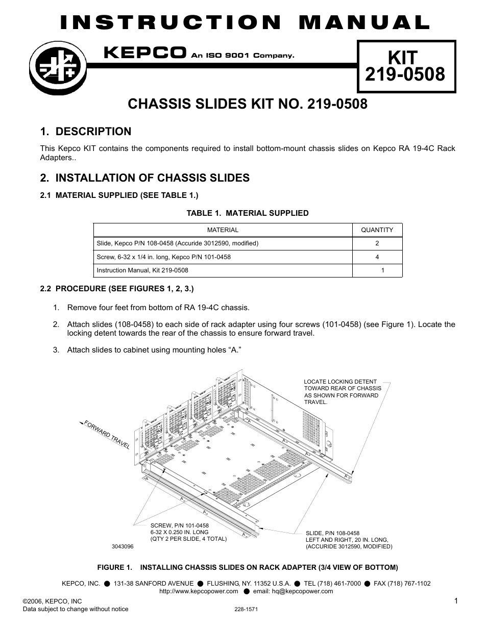 KEPCO KIT 219-0508, Chassis Slides Kit for RA 19-4C User Manual | 2 pages