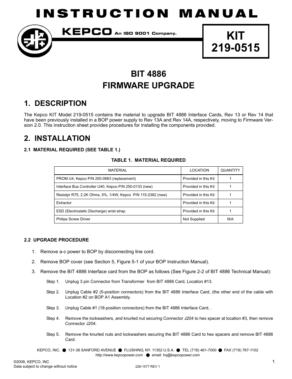 KEPCO KIT 219-0515, BIT 4886 Version 2.0 Firmware Upgrade Kit User Manual | 2 pages