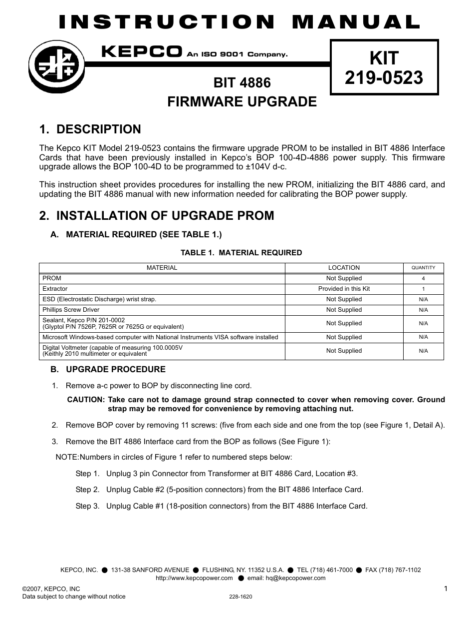 KEPCO KIT 219-0523, BIT 4886 Firmware Upgrade Kit (for BOP 100-4D-4886) User Manual | 4 pages