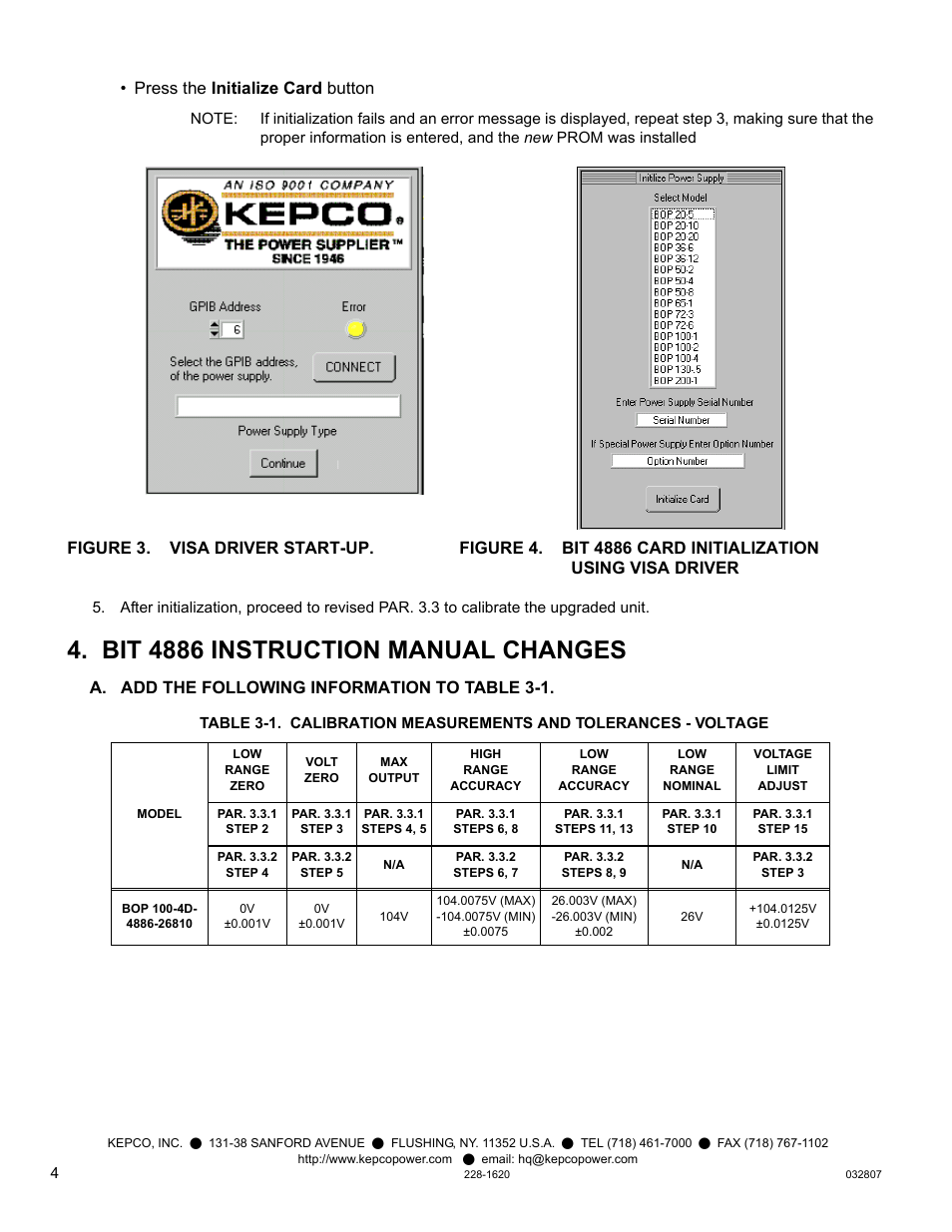 Figure 3. visa driver start-up, Bit 4886 instruction manual changes, A. add the following information to table 3-1 | 3) set th, E 3), E 4 an, Press the initialize card button | KEPCO KIT 219-0523, BIT 4886 Firmware Upgrade Kit (for BOP 100-4D-4886) User Manual | Page 4 / 4