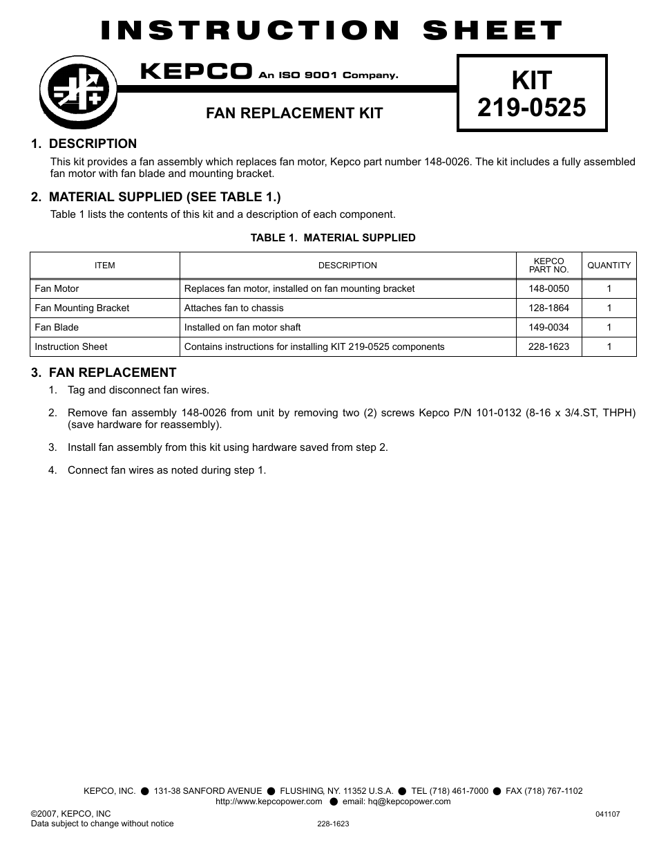 KEPCO KIT 219-0525, Fan Replacement Kit (for 148-0026) User Manual | 1 page