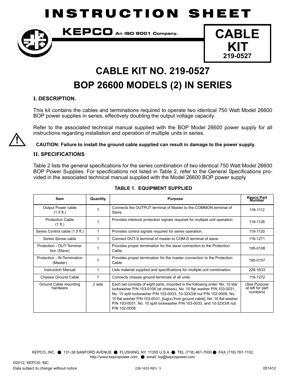 KEPCO KIT 219-0527, Cable Kit - BOP 26600, 2 in Series User Manual | 2 pages