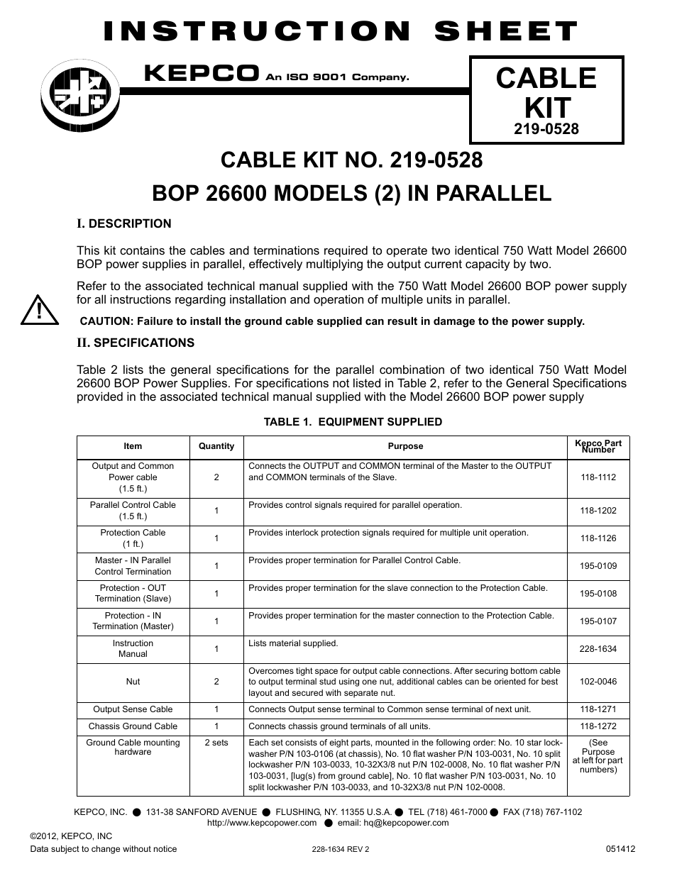 KEPCO KIT 219-0528, Cable Kit - BOP 26600, 2 in Parallel User Manual | 2 pages