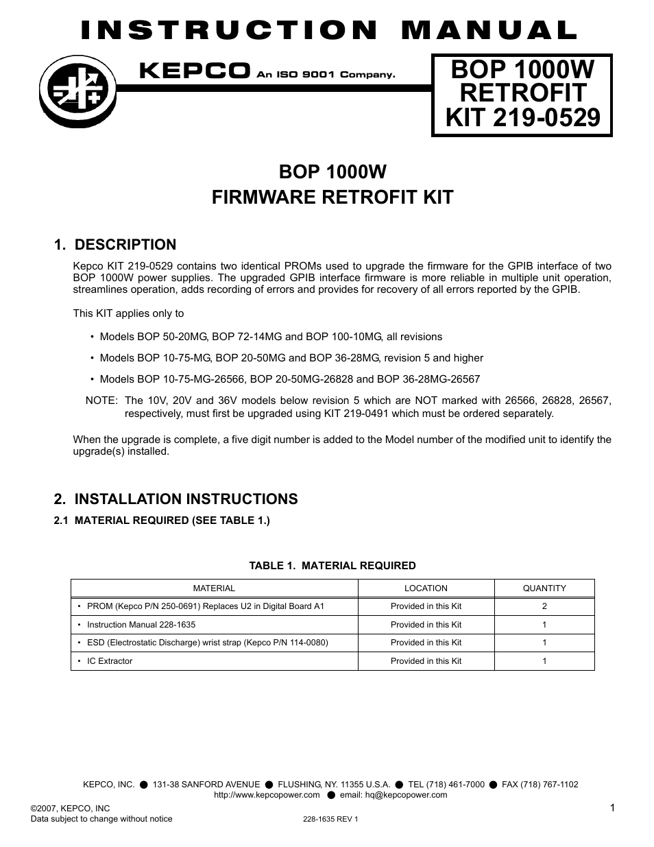 KEPCO KIT 219-0529, BOP Firmware Upgrade (2 Units) User Manual | 4 pages