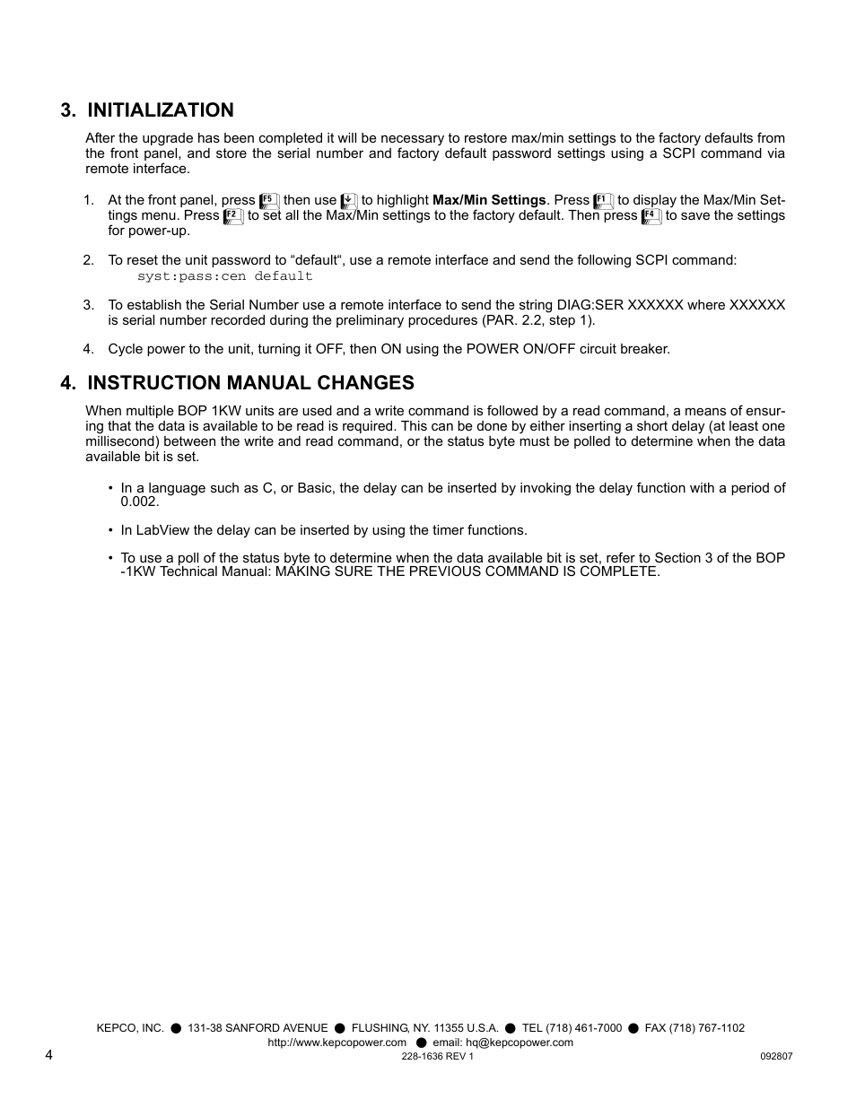 Initialization, Instruction manual changes | KEPCO KIT 219-0530, BOP Firmware Upgrade (10 Units) User Manual | Page 4 / 4