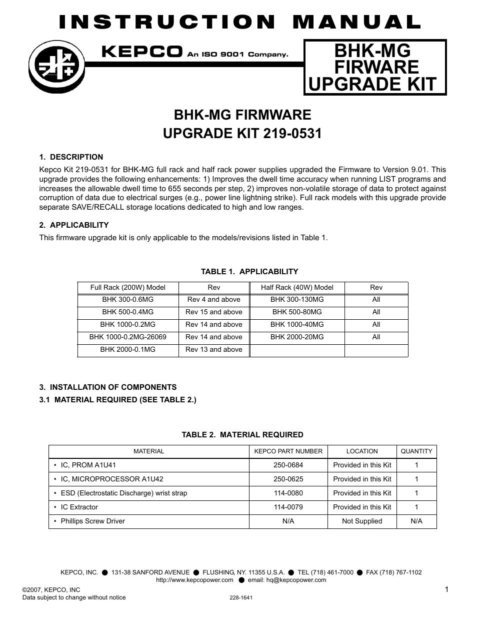 KEPCO KIT 219-0531, BHK-MG Firmware Upgrade User Manual | 4 pages