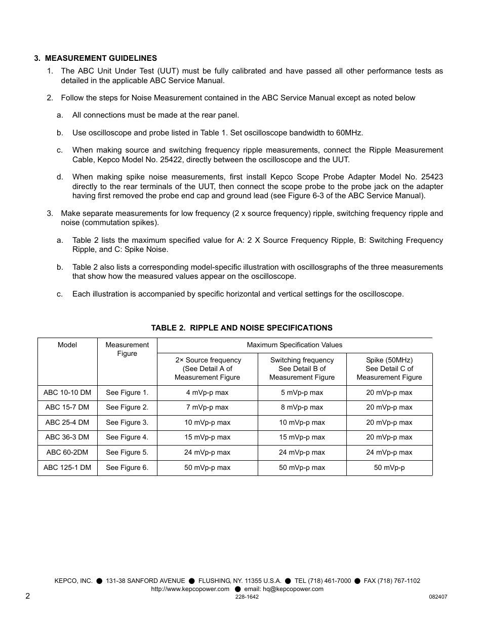 Measurement guidelines, Table 2. ripple and noise specifications | KEPCO KIT 219-0532, ABC Ripple/Noise Measurement User Manual | Page 2 / 8