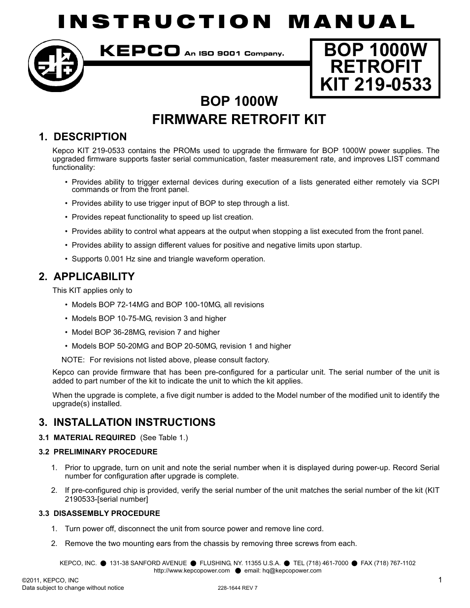 KEPCO KIT 219-0533, BOP 1000W Firmware Upgrade User Manual | 12 pages
