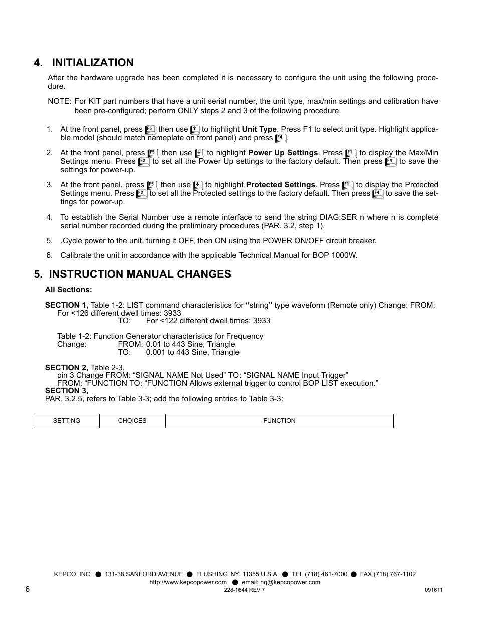 Initialization, Instruction manual changes | KEPCO KIT 219-0533, BOP 1000W Firmware Upgrade User Manual | Page 6 / 12