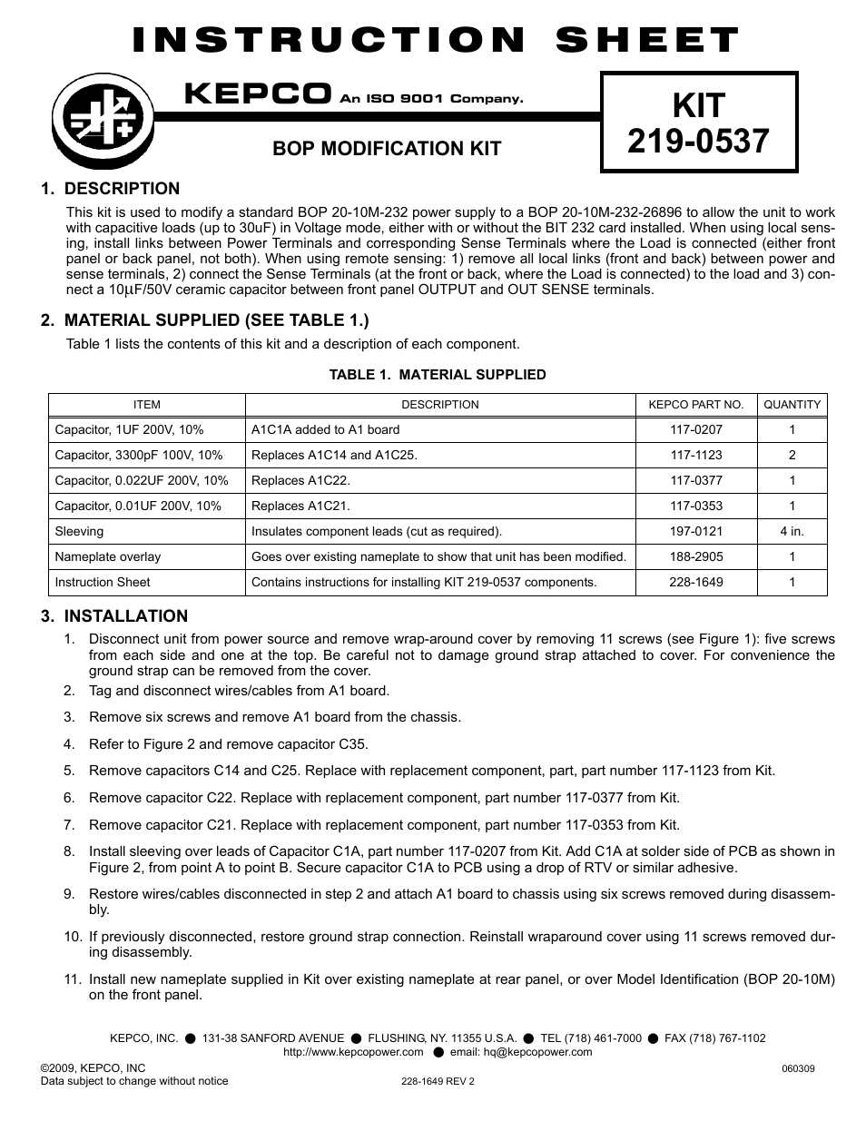 KEPCO KIT 219-0537, BOP Modification Kit User Manual | 2 pages