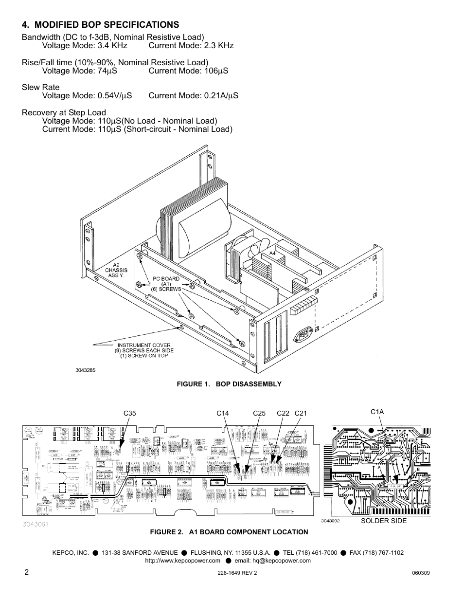 Modified bop specifications, Figure 1. bop disassembly, Figure 2. a1 board component location | KEPCO KIT 219-0537, BOP Modification Kit User Manual | Page 2 / 2