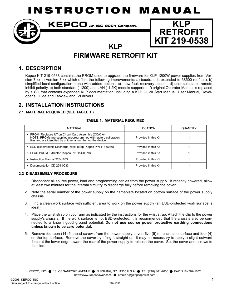KEPCO Kit 219-0538, KLP Firmware Upgrade Kit (Version 7.xx to Version 8.xx) User Manual | 2 pages