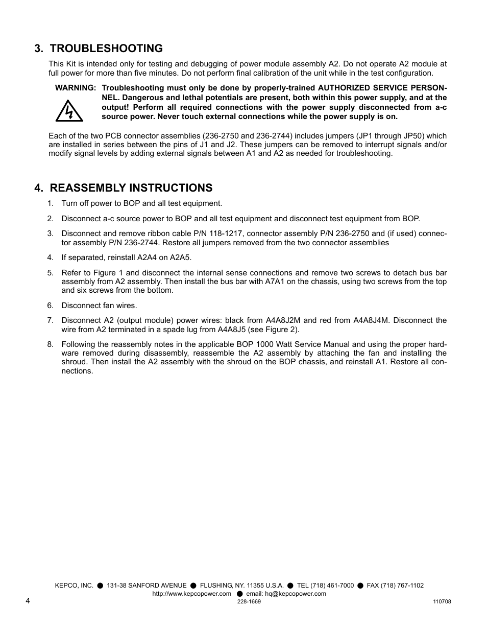Troubleshooting, Reassembly instructions | KEPCO Kit 219-0540, BOP 1000W Troubleshooting Kit User Manual | Page 4 / 4