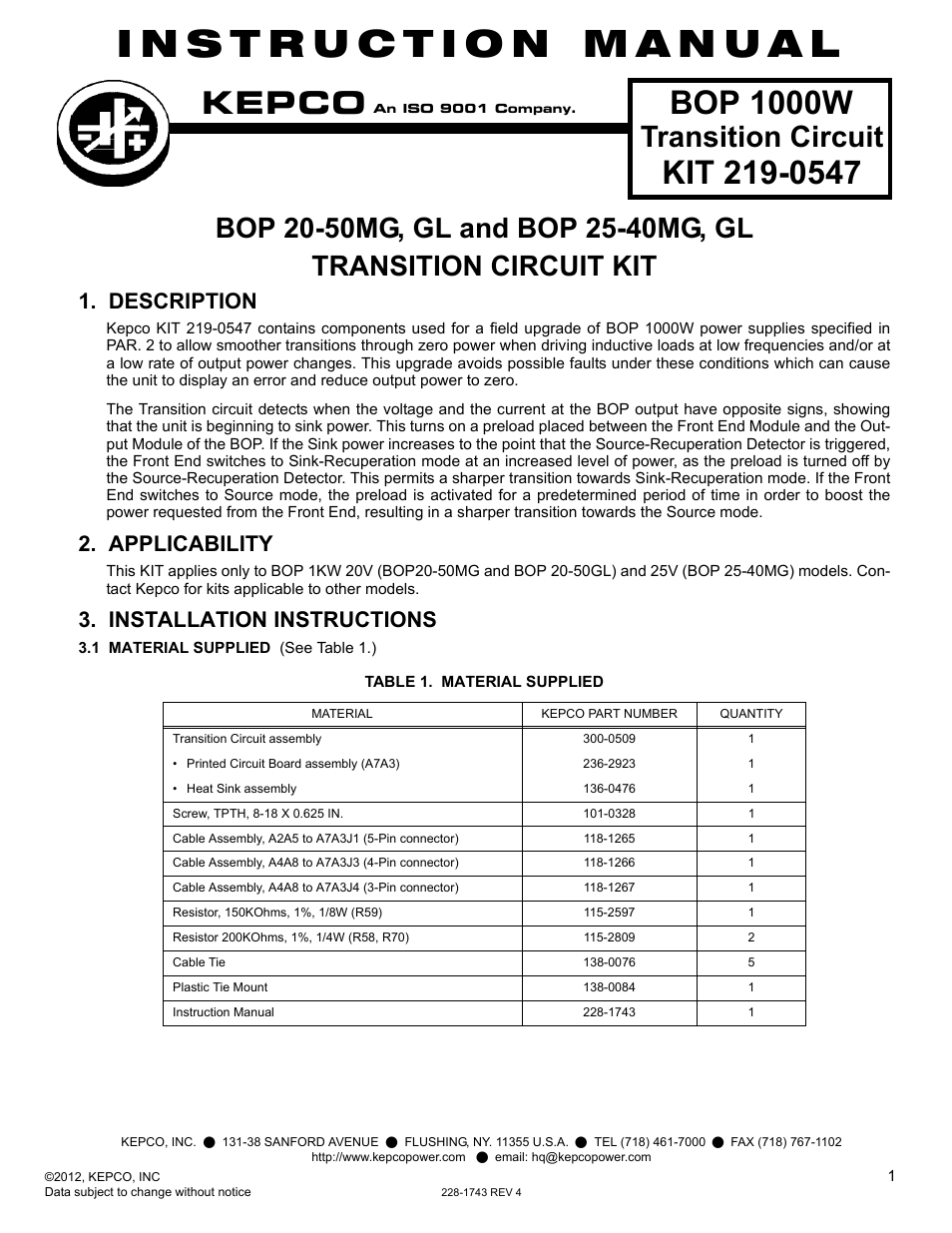 KEPCO Kit 219-0547, Transition Circuit Kit BOP 20-50MG, GL and BOP 25-40MG, GL User Manual | 8 pages