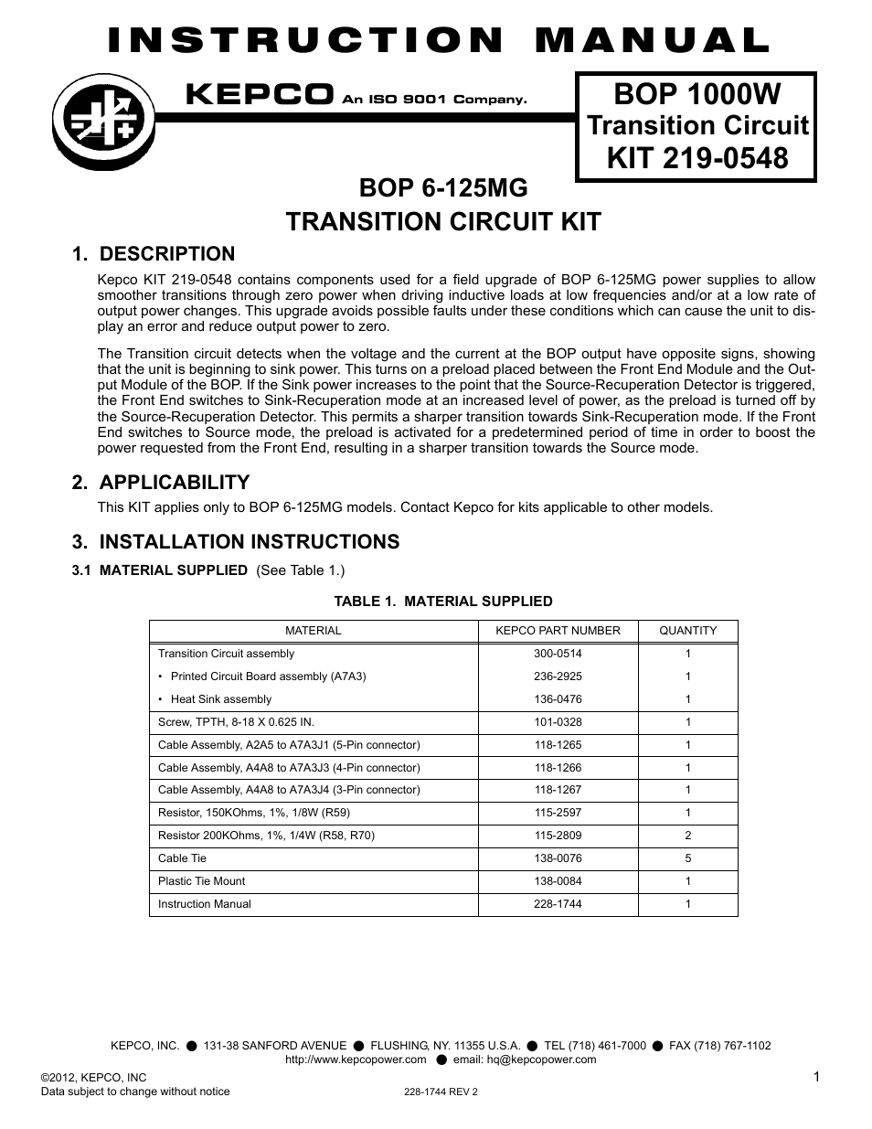 KEPCO Kit 219-0548, Transition Circuit Kit BOP 6-125MG User Manual | 8 pages