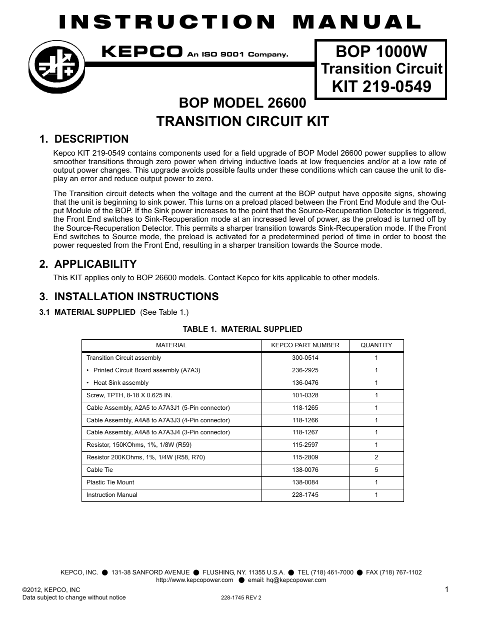 KEPCO Kit 219-0549, Transition Circuit Kit BOP-1KW Model 26600 User Manual | 8 pages