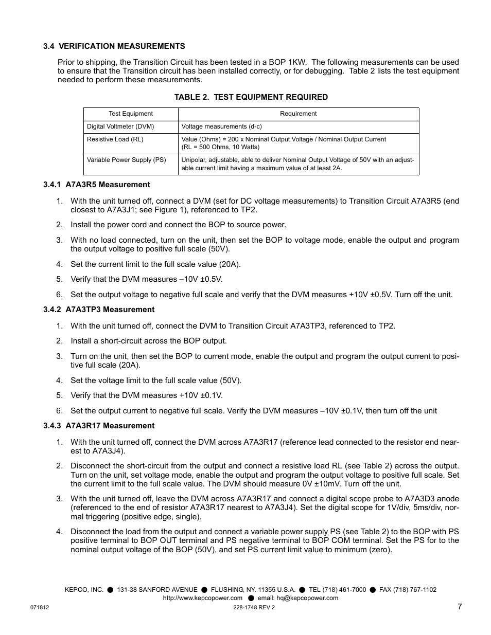 Table 2. test equipment required | KEPCO Kit 219-0552, Transition Circuit Kit BOP 50-20MG, GL User Manual | Page 7 / 8
