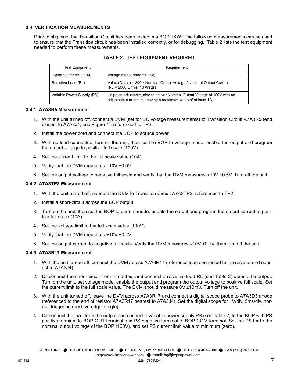 Table 2. test equipment required | KEPCO Kit 219-0554, Transition Circuit Kit BOP 100-10MG User Manual | Page 7 / 8