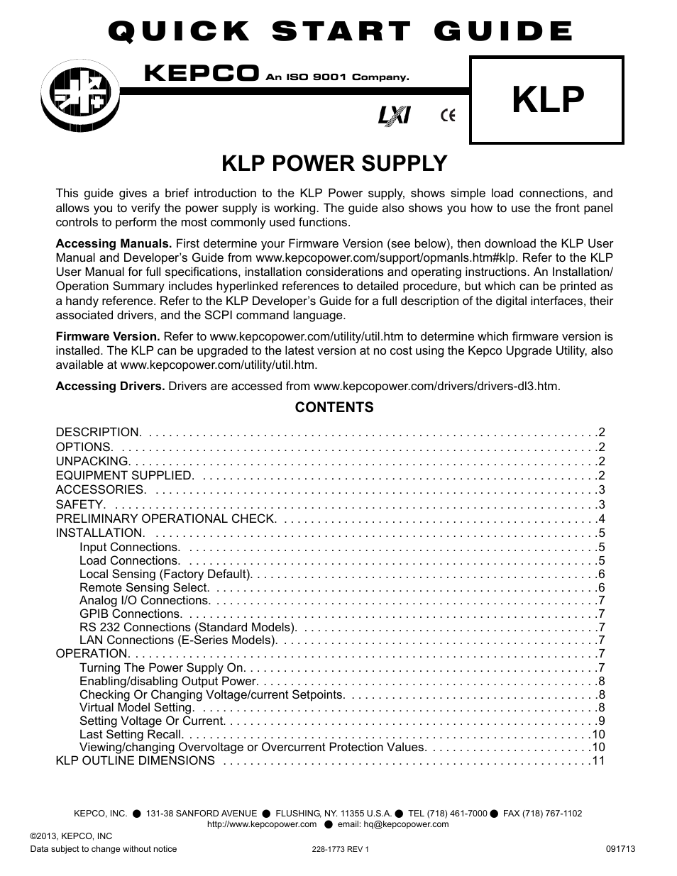 KEPCO KLP Series Quick Start Guide, P/N 228-1773 User Manual | 12 pages