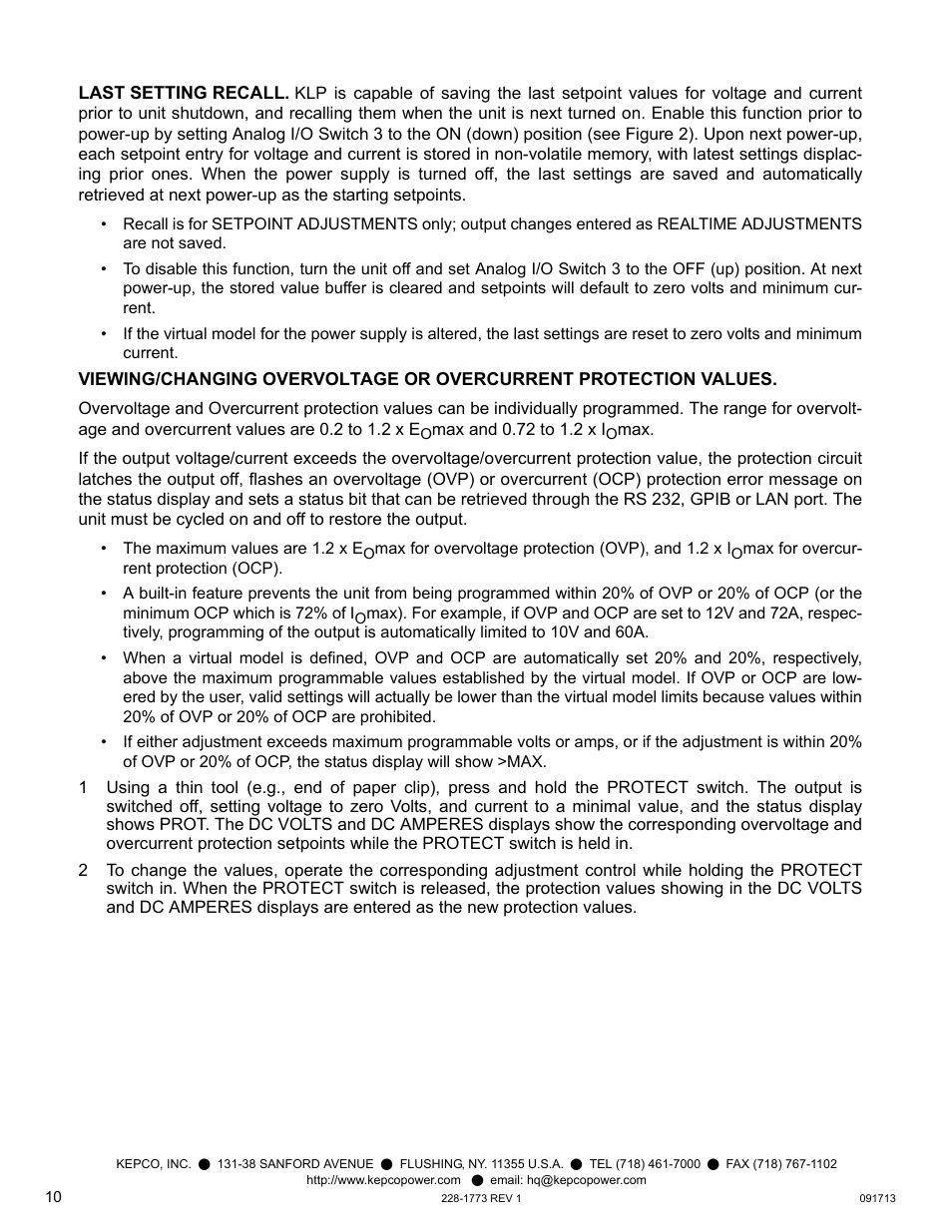 Last setting recall | KEPCO KLP Series Quick Start Guide, P/N 228-1773 User Manual | Page 10 / 12