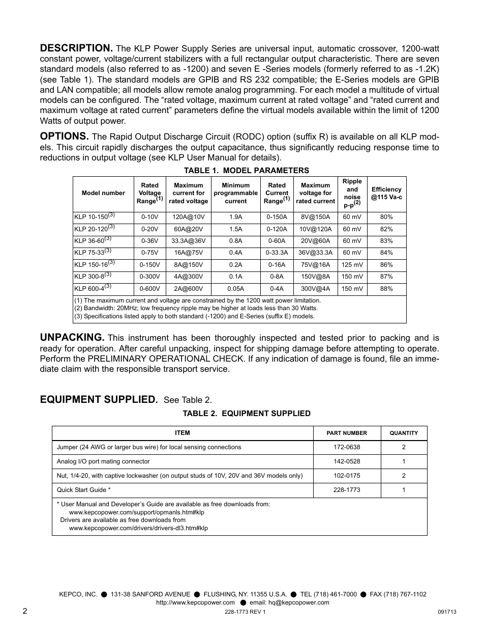 Description, Options, Table 1. model parameters | Unpacking, Equipment supplied, Table 2. equipment supplied, Options unpacking equipment supplied, See t able 2 | KEPCO KLP Series Quick Start Guide, P/N 228-1773 User Manual | Page 2 / 12