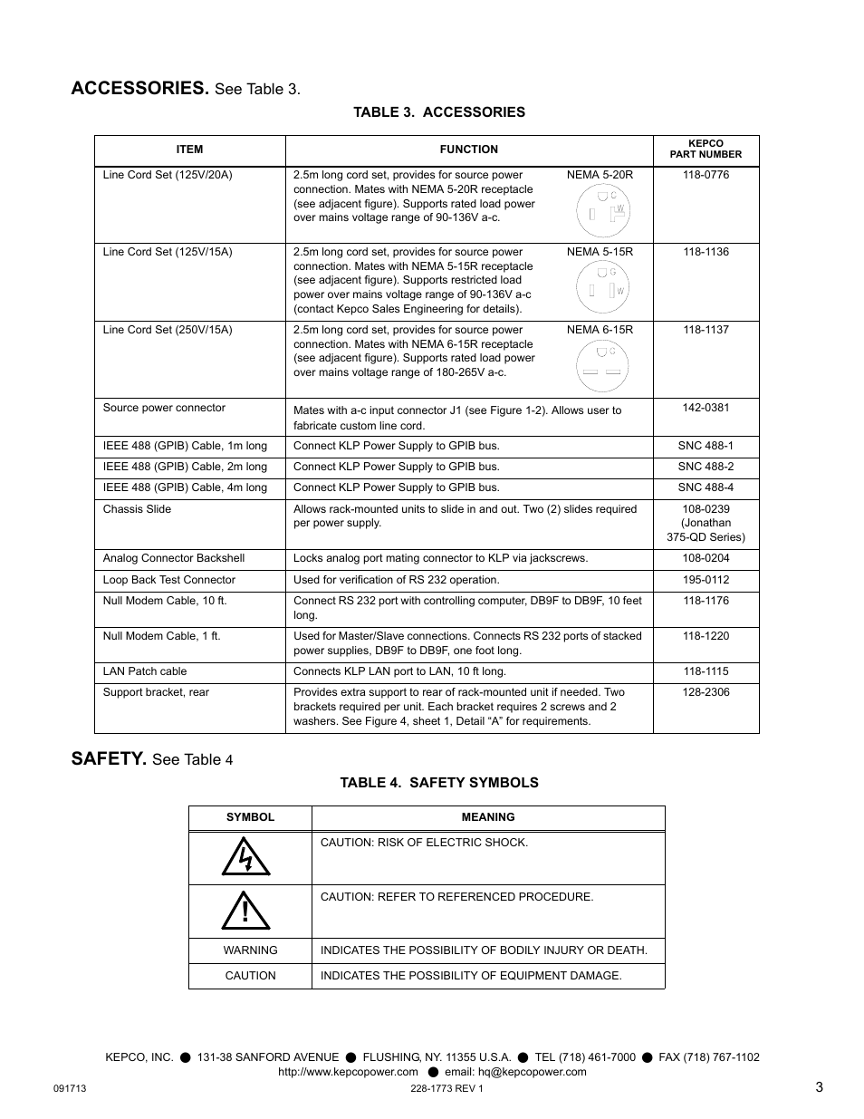 Accessories, Table 3. accessories, Safety | Table 4. safety symbols, Accessories safety, See tabl e 3, See t able | KEPCO KLP Series Quick Start Guide, P/N 228-1773 User Manual | Page 3 / 12