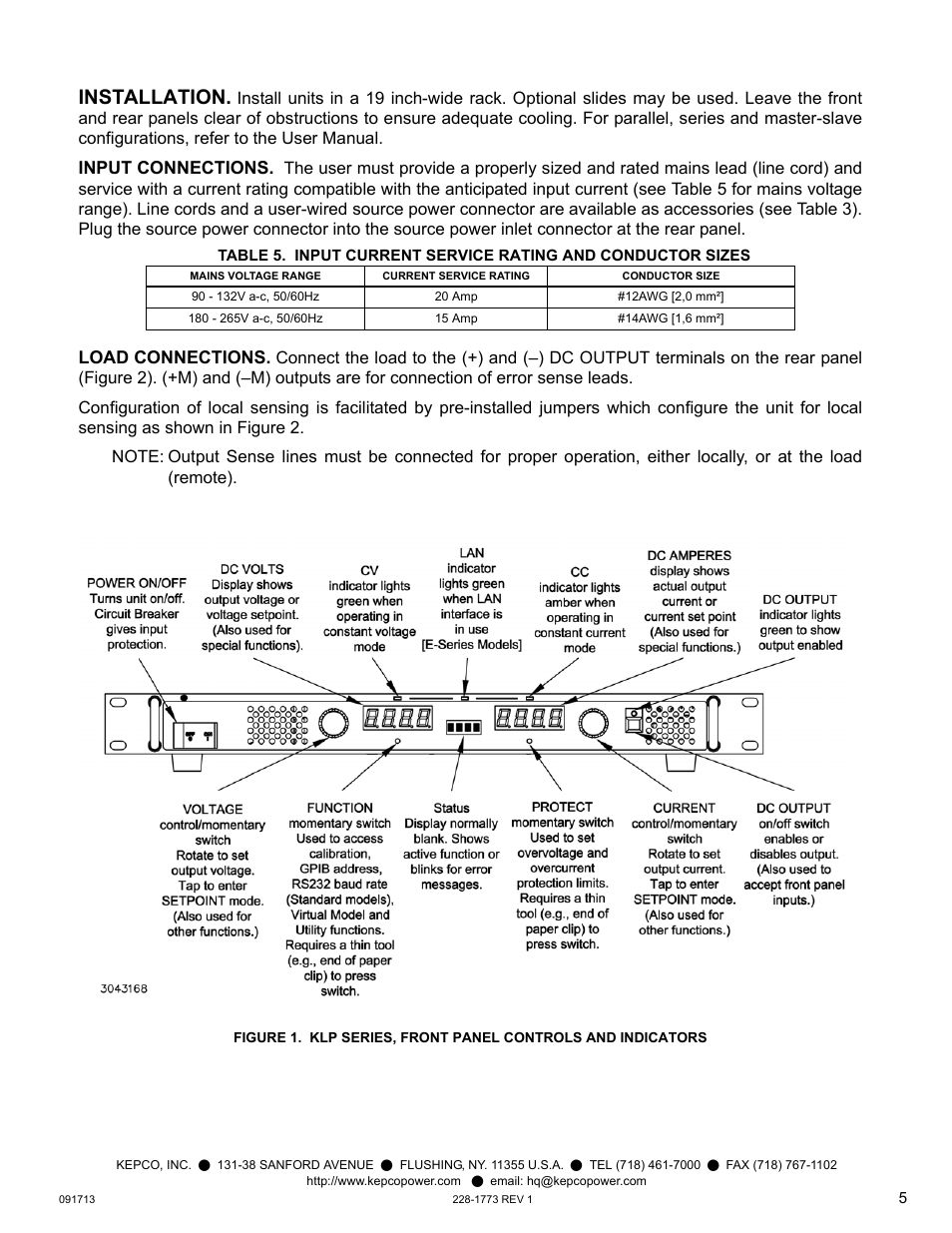 Installation, Input connections, Load connections | KEPCO KLP Series Quick Start Guide, P/N 228-1773 User Manual | Page 5 / 12