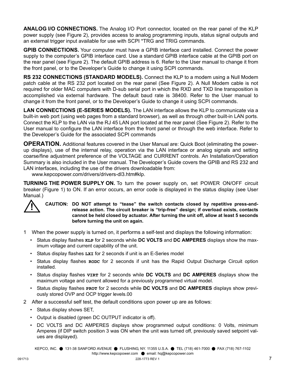 Analog i/o connections, Gpib connections, Rs 232 connections (standard models) | Lan connections (e-series models), Operation, Turning the power supply on | KEPCO KLP Series Quick Start Guide, P/N 228-1773 User Manual | Page 7 / 12