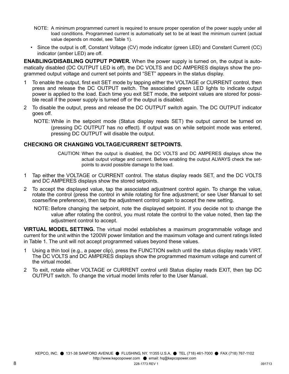 Enabling/disabling output power, Checking or changing voltage/current setpoints, Virtual model setting | KEPCO KLP Series Quick Start Guide, P/N 228-1773 User Manual | Page 8 / 12