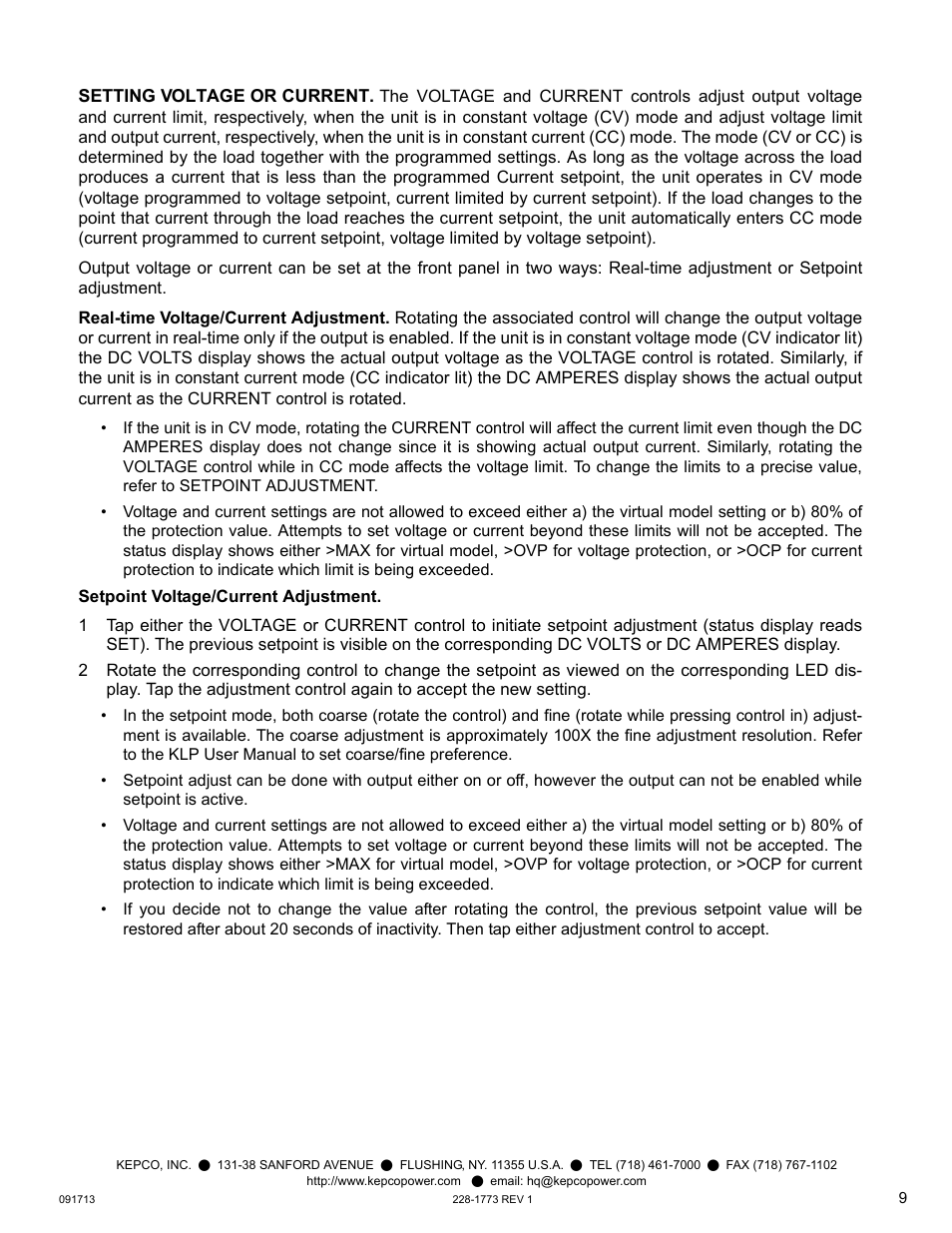 Setting voltage or current, Real-time voltage/current adjustment, Setpoint voltage/current adjustment | KEPCO KLP Series Quick Start Guide, P/N 228-1773 User Manual | Page 9 / 12