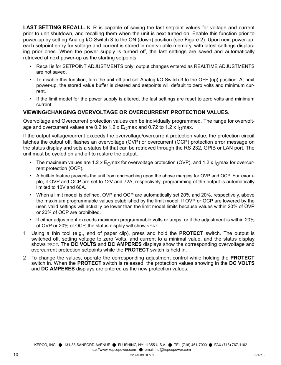 Last setting recall | KEPCO KLR Series Quick Start Guide User Manual | Page 10 / 12