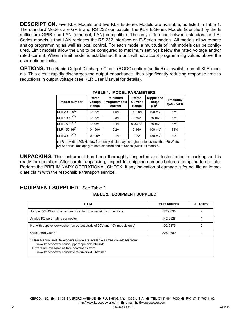 Description, Options, Table 1. model parameters | Unpacking, Equipment supplied, Table 2. equipment supplied, Description options unpacking equipment supplied, See t able 2 | KEPCO KLR Series Quick Start Guide User Manual | Page 2 / 12