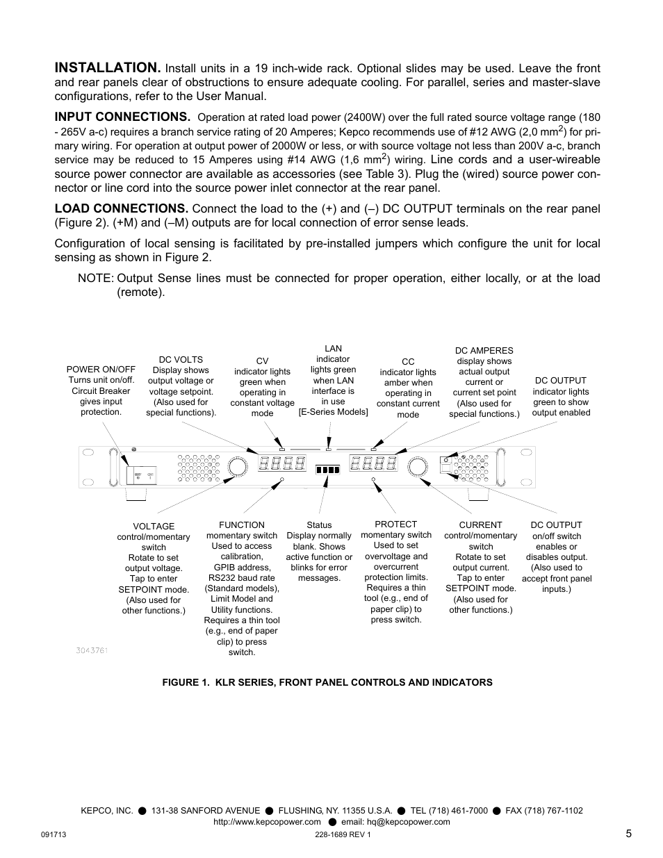 Installation, Input connections, Load connections | KEPCO KLR Series Quick Start Guide User Manual | Page 5 / 12