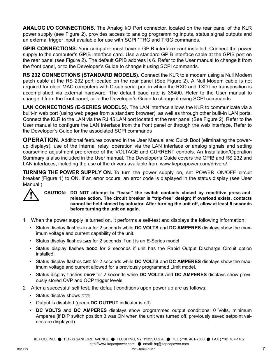 Analog i/o connections, Gpib connections, Rs 232 connections (standard models) | Lan connections (e-series models), Operation, Turning the power supply on | KEPCO KLR Series Quick Start Guide User Manual | Page 7 / 12