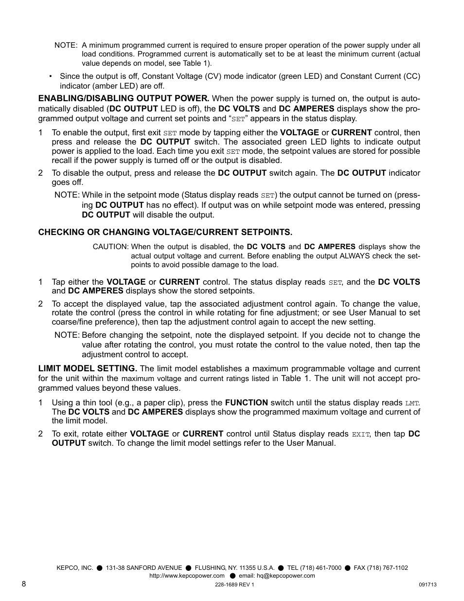 Enabling/disabling output power, Checking or changing voltage/current setpoints, Limit model setting | KEPCO KLR Series Quick Start Guide User Manual | Page 8 / 12