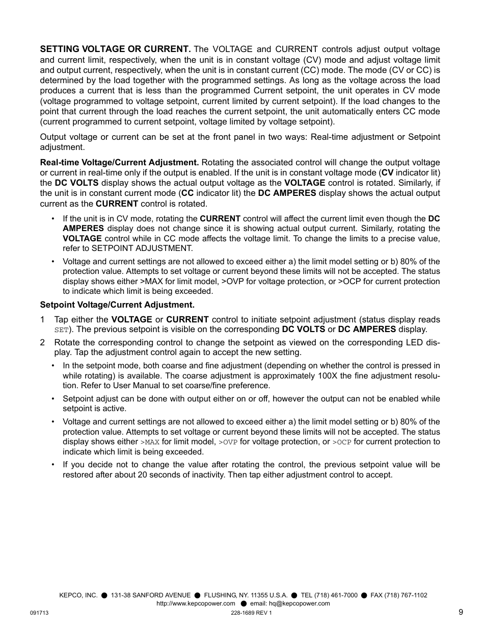 Setting voltage or current, Real-time voltage/current adjustment, Setpoint voltage/current adjustment | KEPCO KLR Series Quick Start Guide User Manual | Page 9 / 12