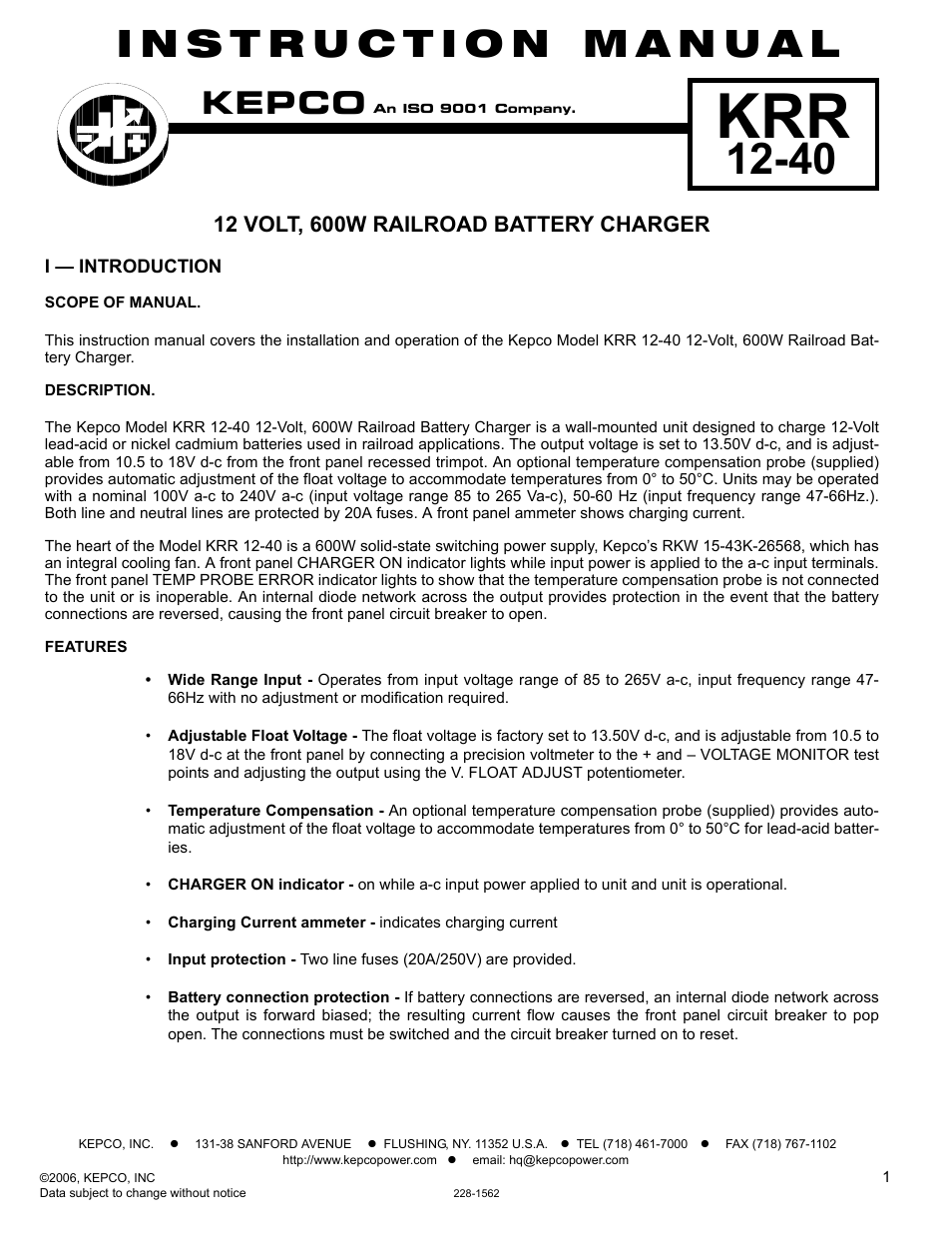 KEPCO KRR 12-40 Railroad Battery Charger User Manual | 4 pages