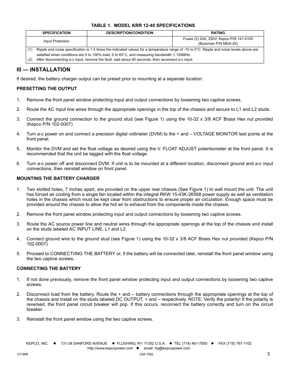 Iii — installation | KEPCO KRR 12-40 Railroad Battery Charger User Manual | Page 3 / 4