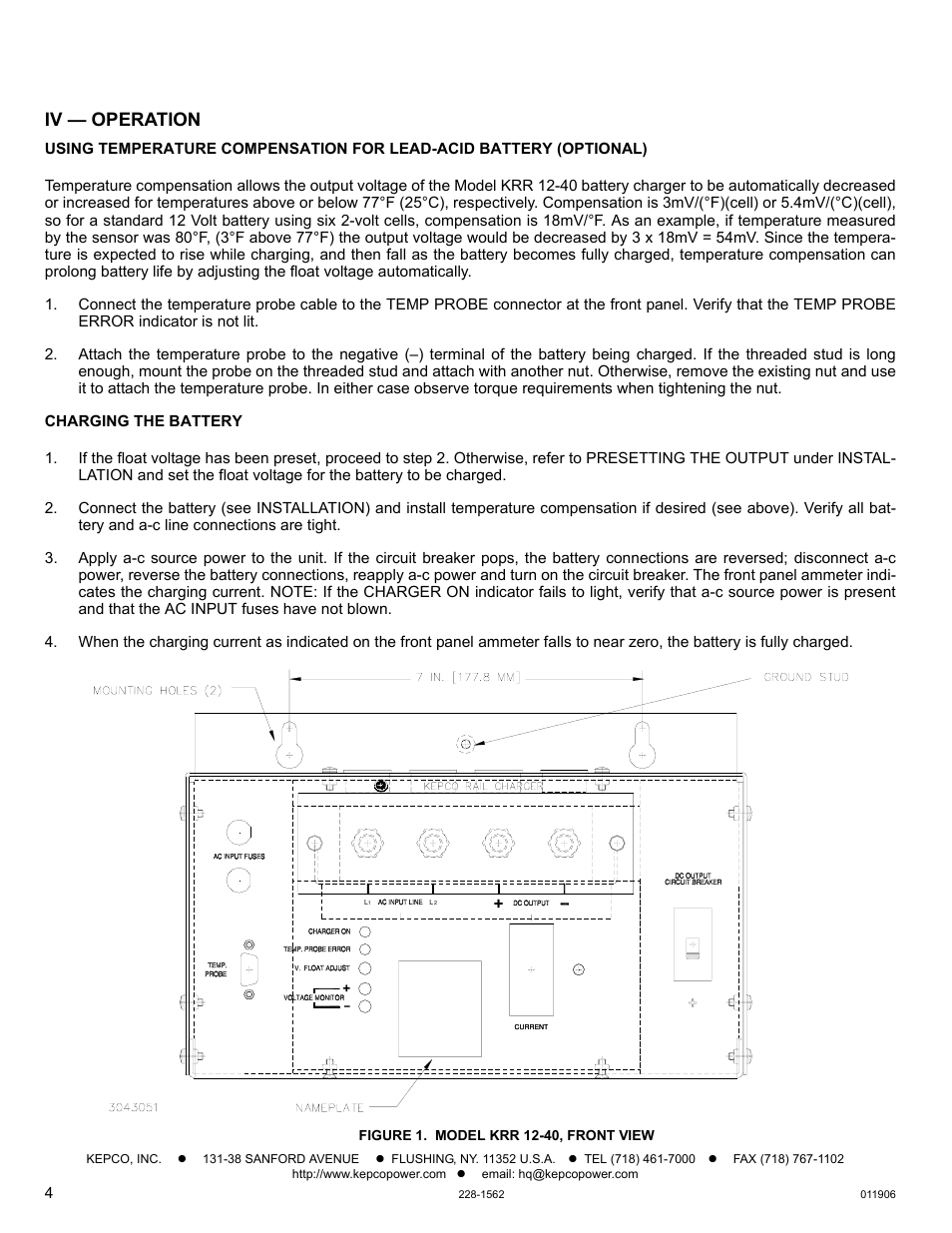Figure 1. model krr 12-40, front view, Iv — operation | KEPCO KRR 12-40 Railroad Battery Charger User Manual | Page 4 / 4