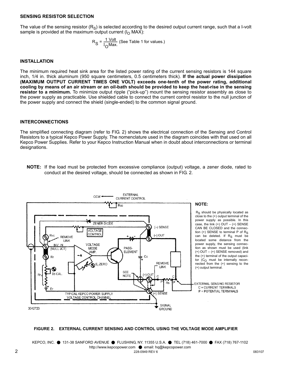 Sensing resistor selection, Installation, Interconnections | KEPCO KT Series Accessories User Manual | Page 2 / 4