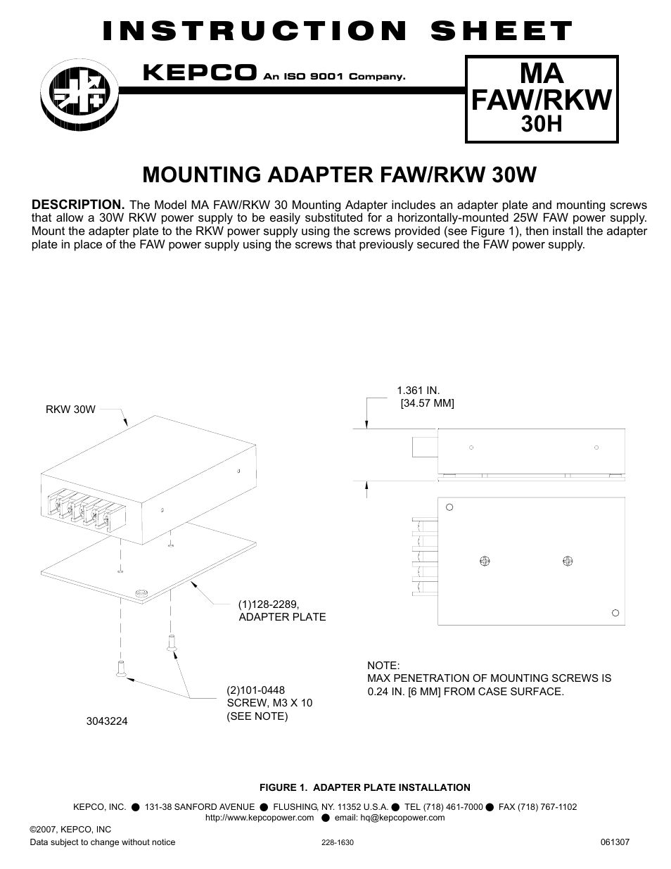 KEPCO MA FAW/RKW 30H User Manual | 1 page