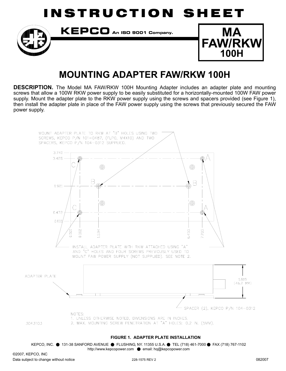 KEPCO MA FAW/RKW 100H User Manual | 1 page