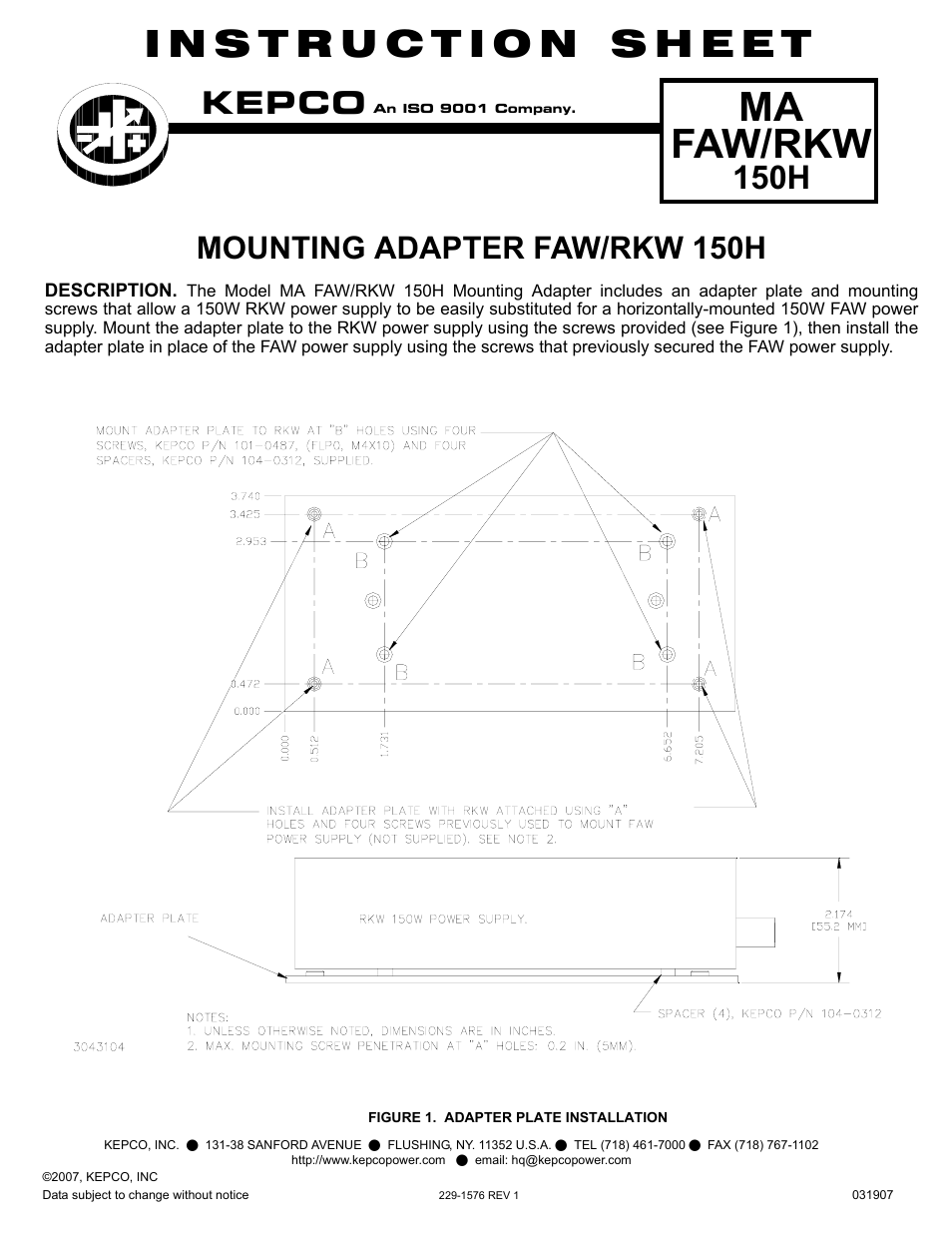 KEPCO MA FAW/RKW 150H User Manual | 1 page