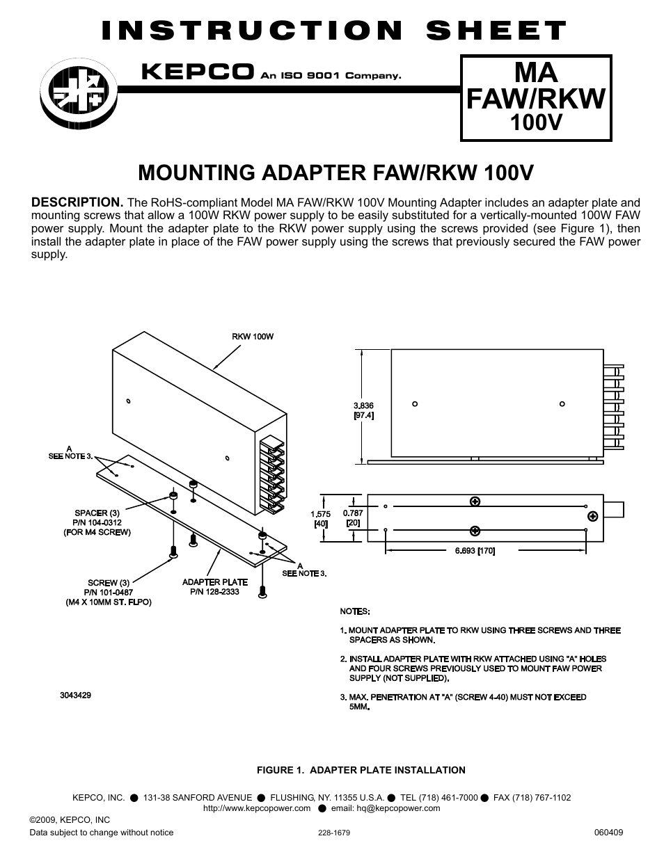 KEPCO MA FAW/RKW 100V User Manual | 1 page