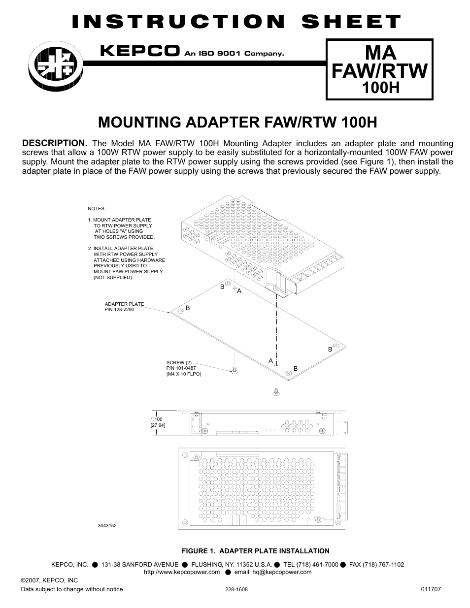 KEPCO MA FAW/RTW 100H User Manual | 1 page